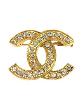 Chanel Vintage CC Logo Line Stone Gold Plated Brooch